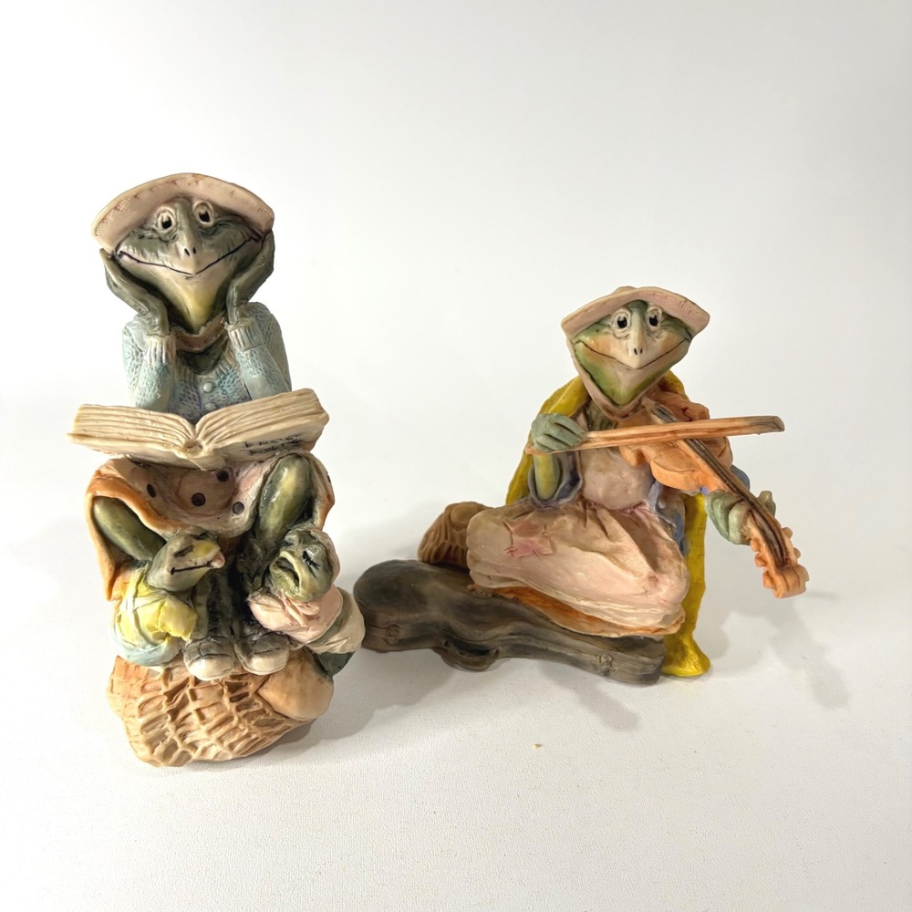 Jessica deStefano Tillie Frog Figurines Set 1990 1992 Reading Violin Whimsical